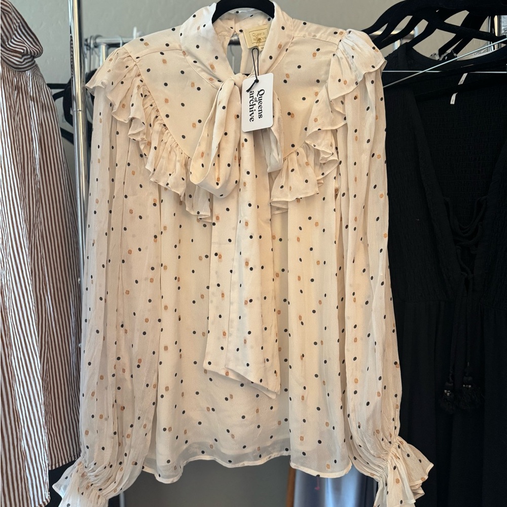 Queens of Archive Cream Polka Dot Ruffle Blouse